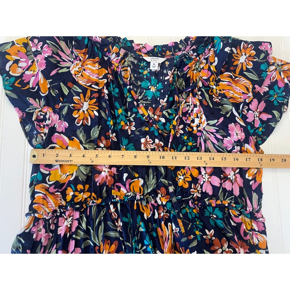 Crown & Ivy Floral Tiered Maxi Dress Navy Blue Flutter Sleeve Cotton XL - Picture 4 of 6